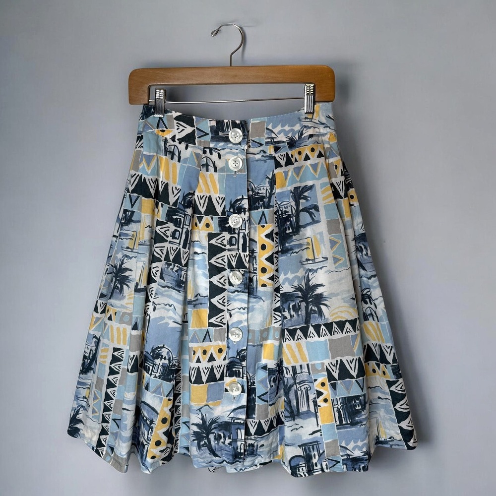 Feneuve Design Travel Print Pleated A-Line Midi Skirt Button Front size 40, US 2